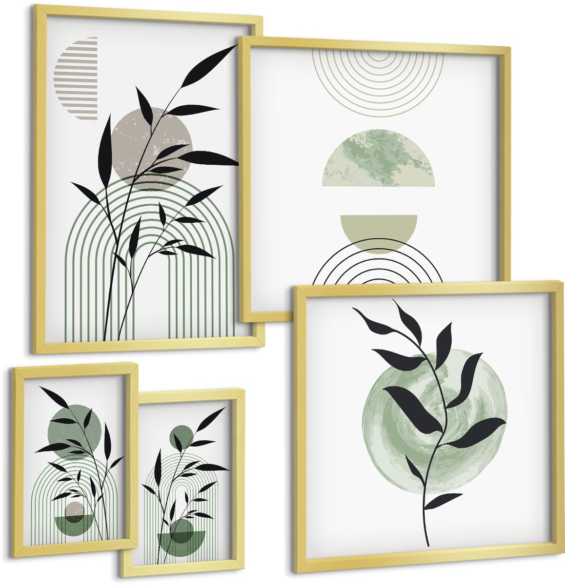 Coloray 5-Delige Schilderij Set - Stijlvolle Afbeeldingen Met Plantmotieven En Geometrische Vormen. - 50 x 50 cm, 20 x 30 cm En 40 x 60 cm - Muurdecoratie - Wanddecoratie - Slaapkamer - Stijlvolle Muurdecoratie