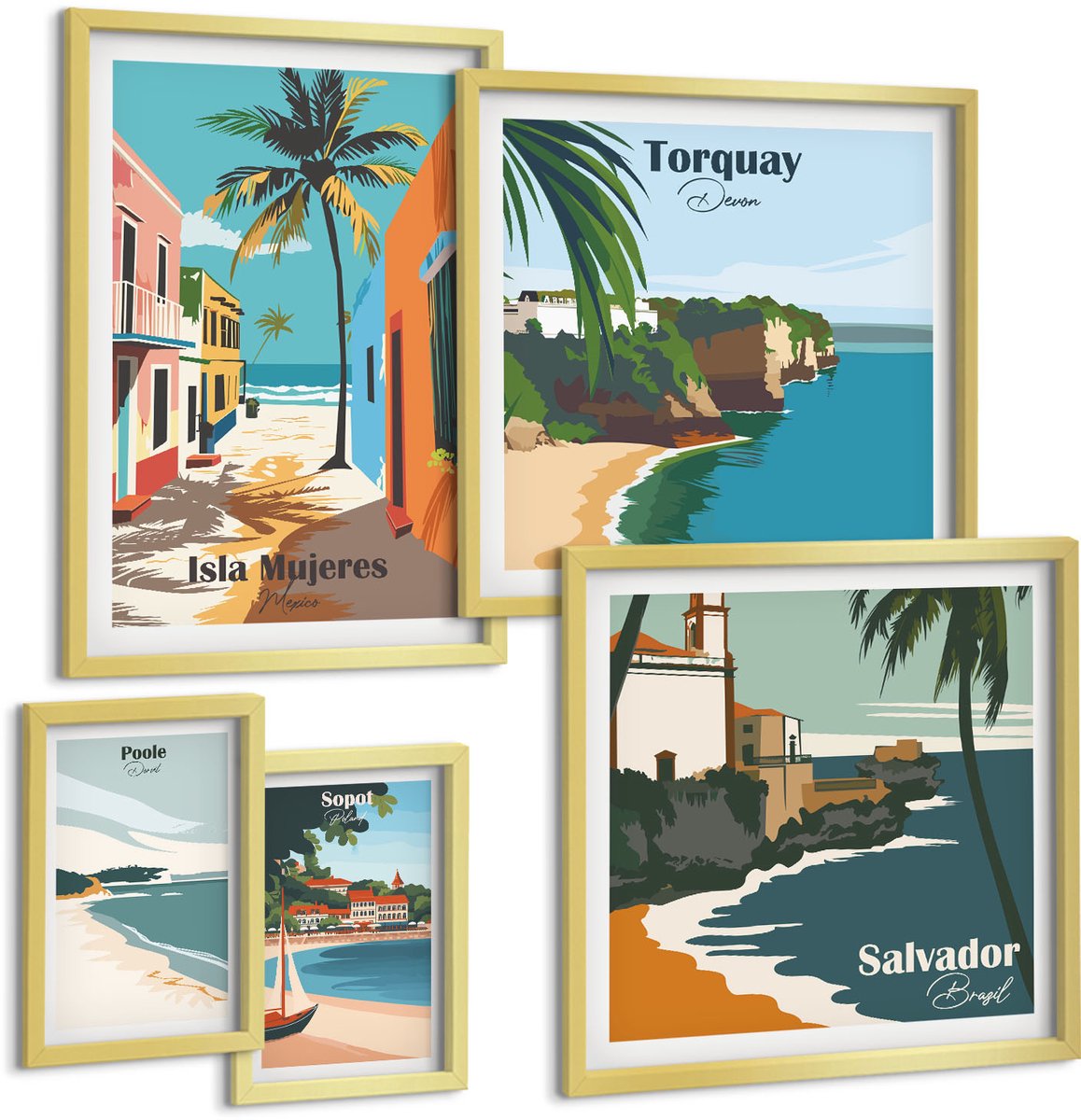 Coloray 5-Delige Schilderij Set - Kleurrijke Uitzichten Op Kustplaatsen En Stranden - 50 x 50 cm, 20 x 30 cm En 40 x 60 cm - Stijlvolle Wanddecoratie - Interieur