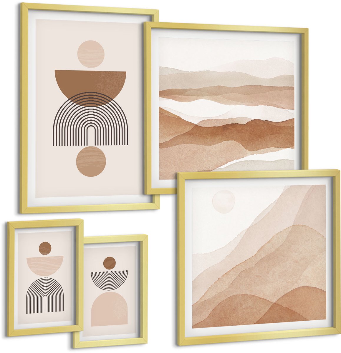 Coloray 5-Delige Schilderij Set - Abstracte Composities In Aardetinten En Geometrische Vormen - 50 x 50 cm, 20 x 30 cm En 40 x 60 cm - Decoratieve Schilderijen - Woonkamer - Interieur