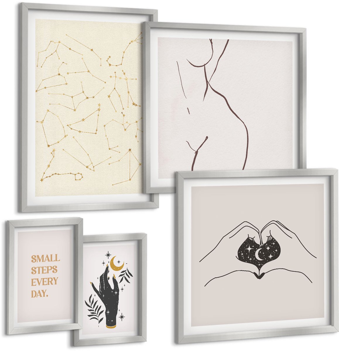 Coloray 5-Delige Schilderij Set - Minimalistische Illustraties Die Boho-Tekst Inspireren - 20 x 30 cm - Wanddecoratie - Schilderijen Set - Interieur - Interieur Decoratie