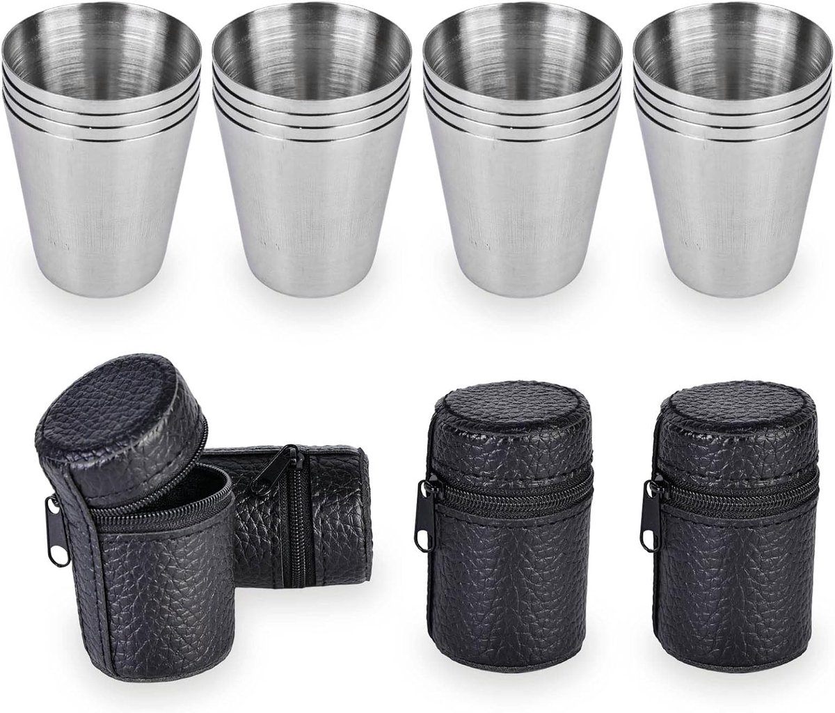 Bekerset, 30 ml, klein, 16 stuks met 4 lederen etui, shotglazen, camping & picknick