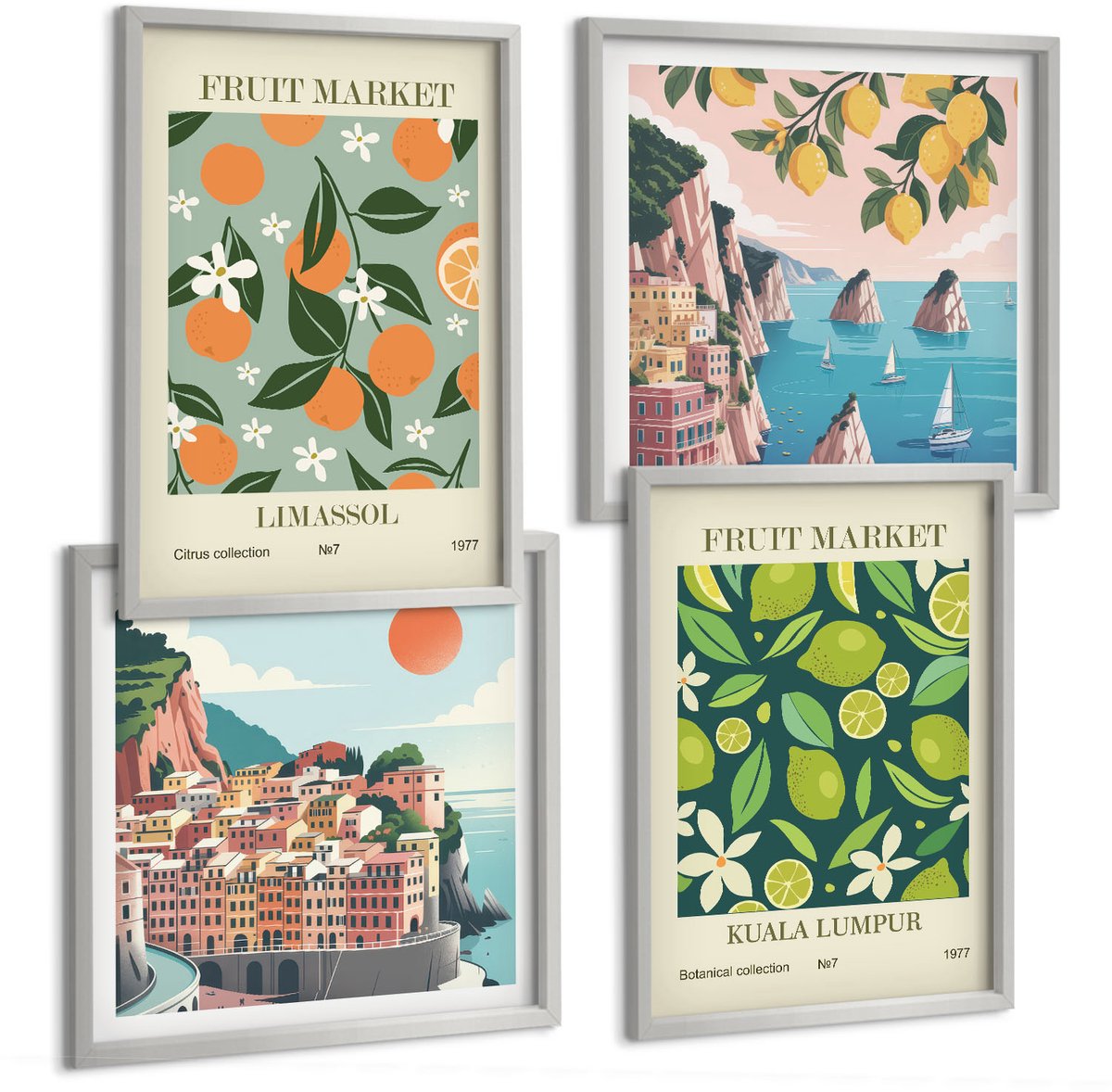 Coloray 4-Delige Schilderij Set - Vintage Posters Met Fruitpatronen - 40 x 40 cm En 40 x 60 cm - Decoratieve Schilderijen - Woonkamer - Interieur - Woonkamer Decoratie