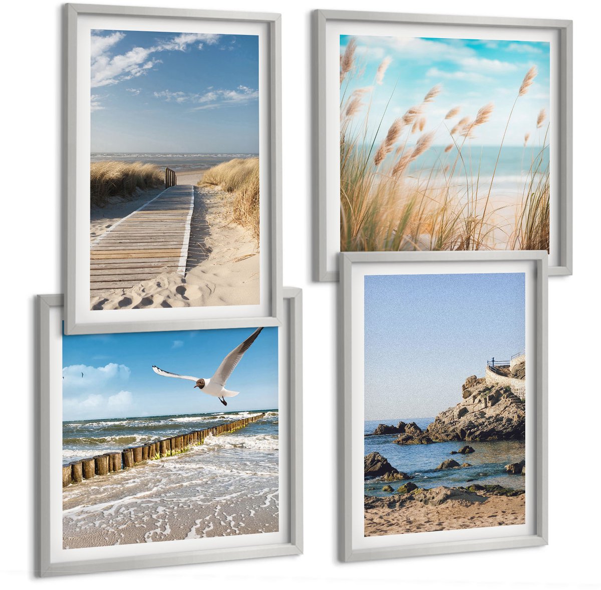 Coloray 4-Delige Schilderij Set - Strand Met Een Houten Pad, Zee En Kliffen Aan Zee. - 40 x 40 cm En 40 x 60 cm - Stijlvolle Wanddecoratie - Interieur - Muurdecoratie