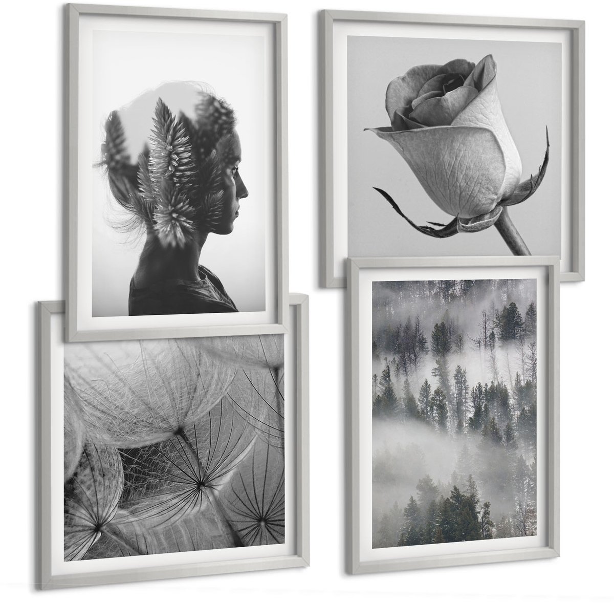 Coloray 4-Delige Schilderij Set - Melancholisch Bos In De Mist Portret Van Een Vrouw Planten - 40 x 40 cm En 40 x 60 cm - Wanddecoratie - Schilderijen Set - Interieur