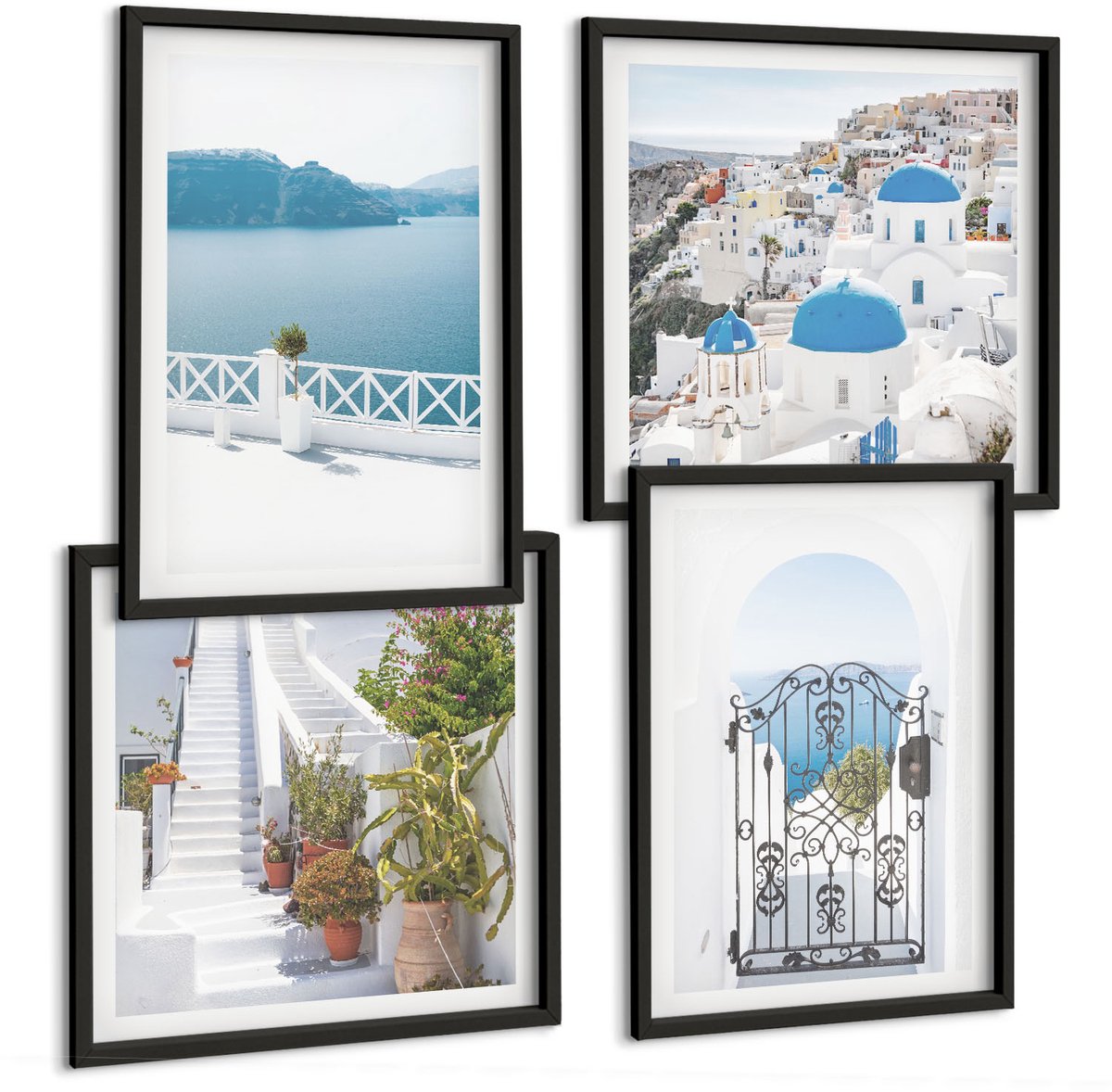 Coloray 4-Delige Schilderij Set - Witte Trap Met Planten, Uitzicht Op Zee En Poort - 40 x 40 cm En 40 x 60 cm - Wanddecoratie - Schilderijen Set - Interieur - Moderne Wanddecoratie Zwarte lijst