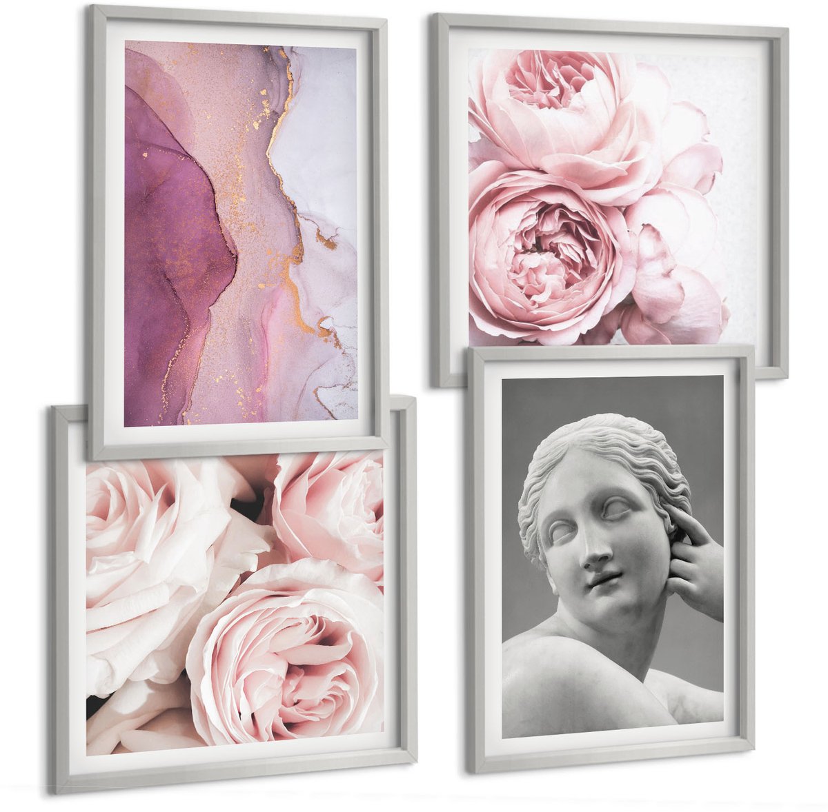 Coloray 4-Delige Schilderij Set - Romantische Pioenrozen Sculptuur Van Een Vrouw Abstractie - 40 x 40 cm En 40 x 60 cm - Stijlvolle Wanddecoratie - Interieur - Interieur Decoratie