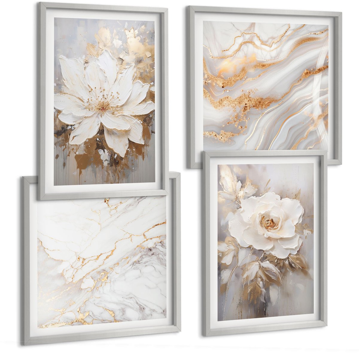 Coloray 4-Delige Schilderij Set - Bloemen En Abstract Marmerpatroon - 40 x 40 cm En 40 x 60 cm - Schilderijen Set - Wanddecoratie - Woonkamer - Moderne Wanddecoratie