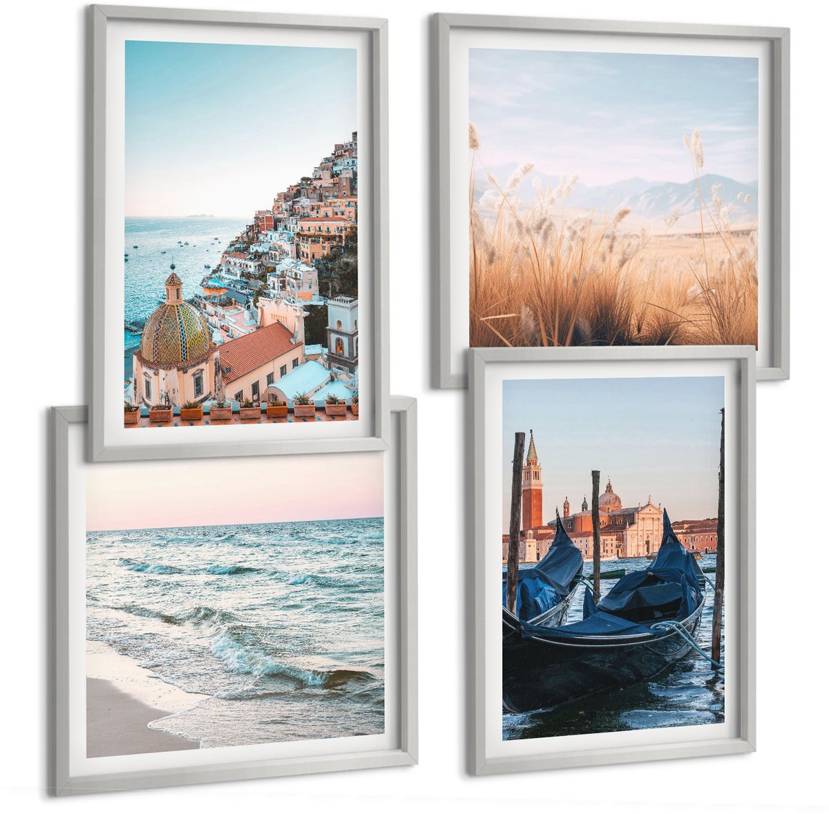 Coloray 4-Delige Schilderij Set - Uitzicht Op Zee, Italiaanse Architectuur, Venetië - 40 x 40 cm En 40 x 60 cm - Muurdecoratie - Wanddecoratie - Slaapkamer - Stijlvolle Muurdecoratie