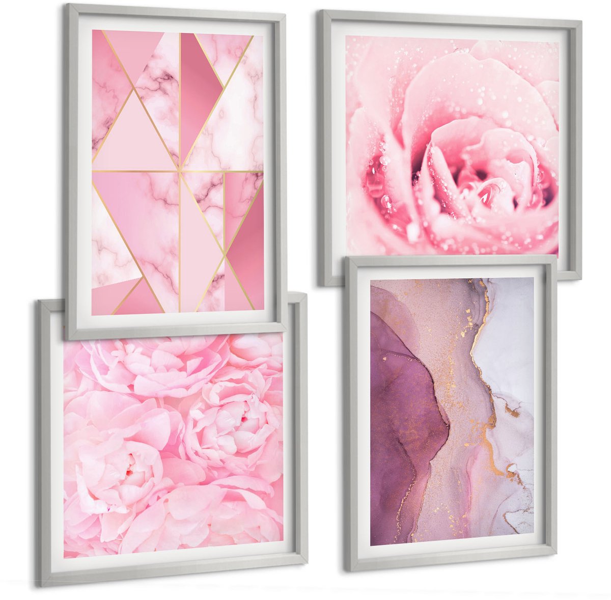 Coloray 4-Delige Schilderij Set - Roze Pioenrozen Met Geometrische Patronen - 40 x 40 cm En 40 x 60 cm - Wanddecoratie - Schilderijen Set - Interieur - Woonkamer Decoratie