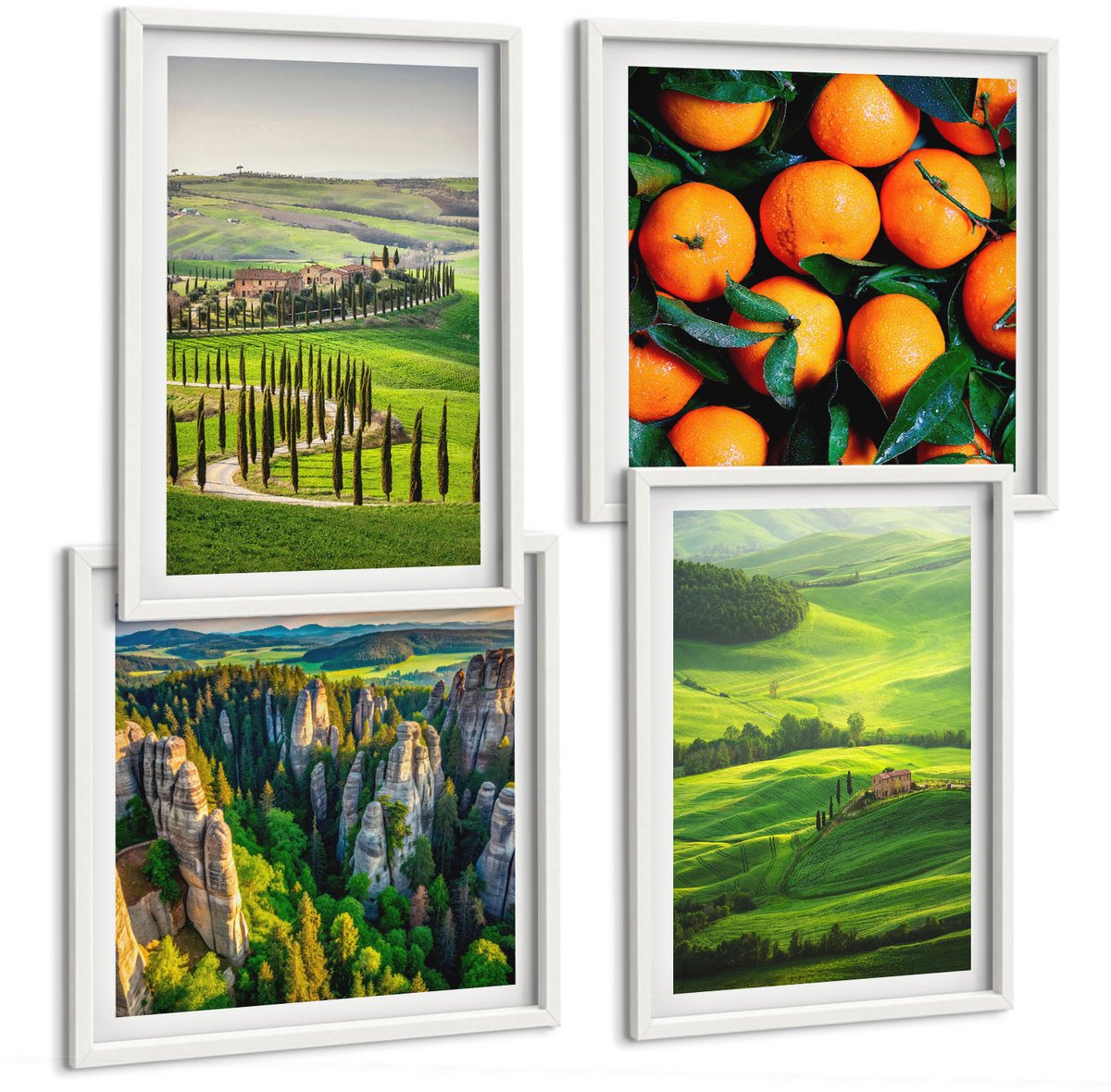 Coloray 4-Delige Schilderij Set - Italiaans Plattelandslandschap Met Sinaasappelbomen En Natuur - 40 x 40 En 40 x 60 - Wanddecoratie - Woonkamer Decoratie - Stijlvolle Muurdecoratie