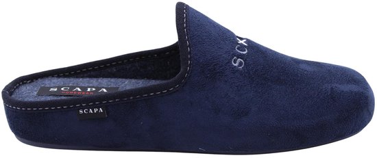 Donkerblauwe Scapa pantoffel met SCAPA HOMWEAR logo op de zool en SCX op de wreef.