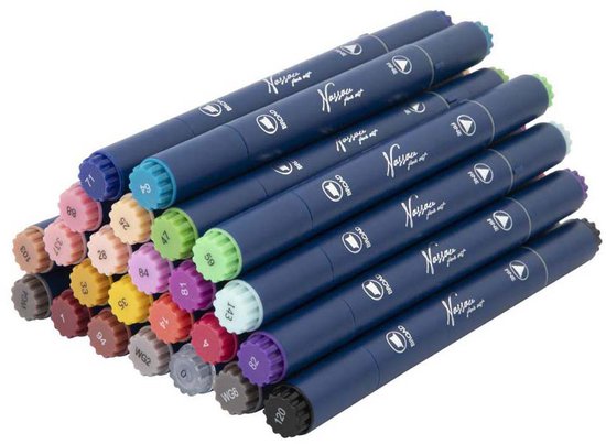 Stapel blauwe markers met gekleurde doppen: roze, lichtgroen, blauw, geel, oranje, rood, paars.