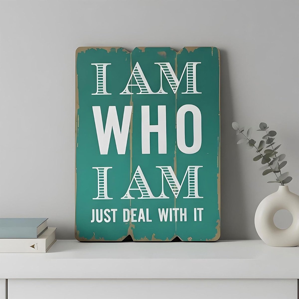 Muurschildering hout 28x21cm groen spreuken spreuken spreuken shabby chic vintage deco bord I am who I am - ShopVlot