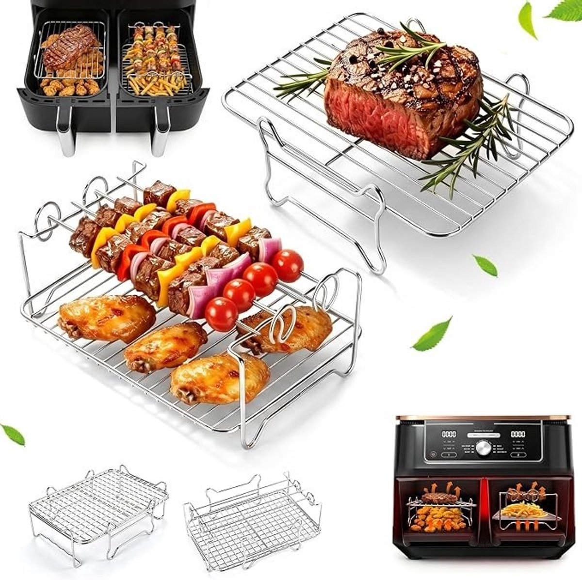 PolkaHome Roestvrijstalen Rek Set voor Airfryer - Stapelbaar Grillrek met Satéprikkers