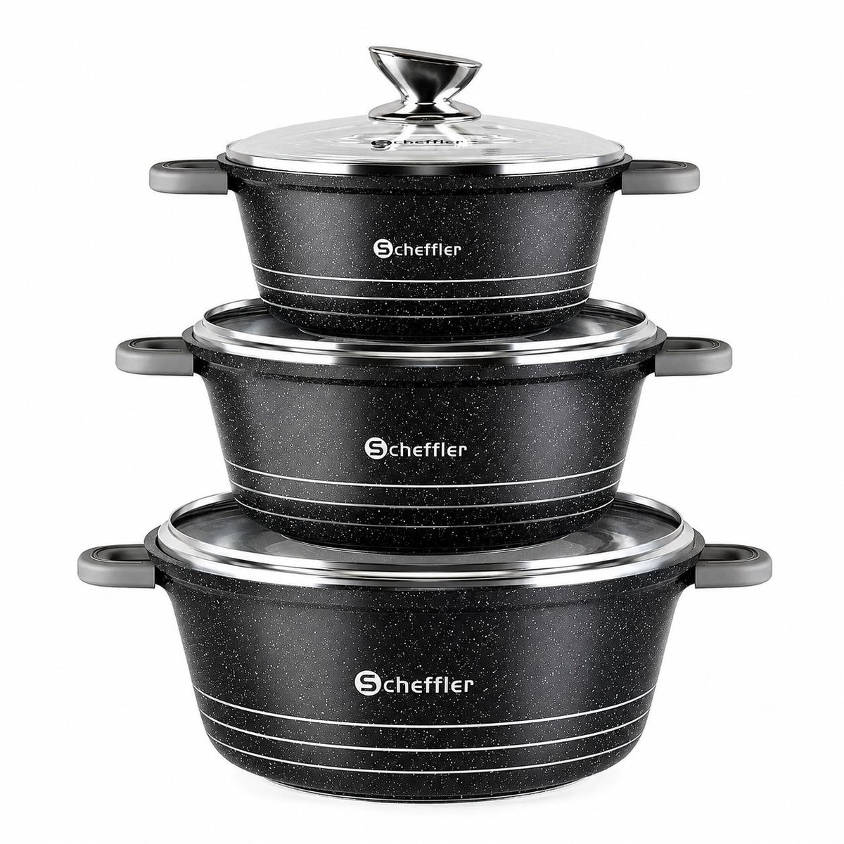 Scheffler 3-delige Pannenset 28/32/36 cm – Marmeren Antiaanbak Pannen met Glazen Deksels – Alle Kookplaten – Gezond Koken Zonder PFOA – Grote Soeppannen & Braadpannen – Aluminium Kookset