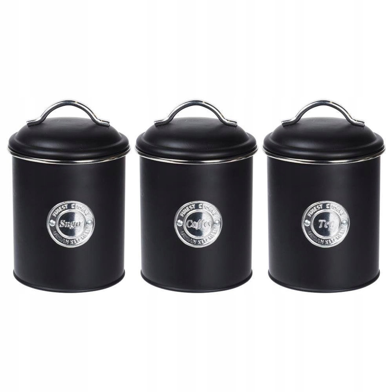 Set van 3 Zwarte Metalen Keuken Potten voor Koffie, Thee & Suiker