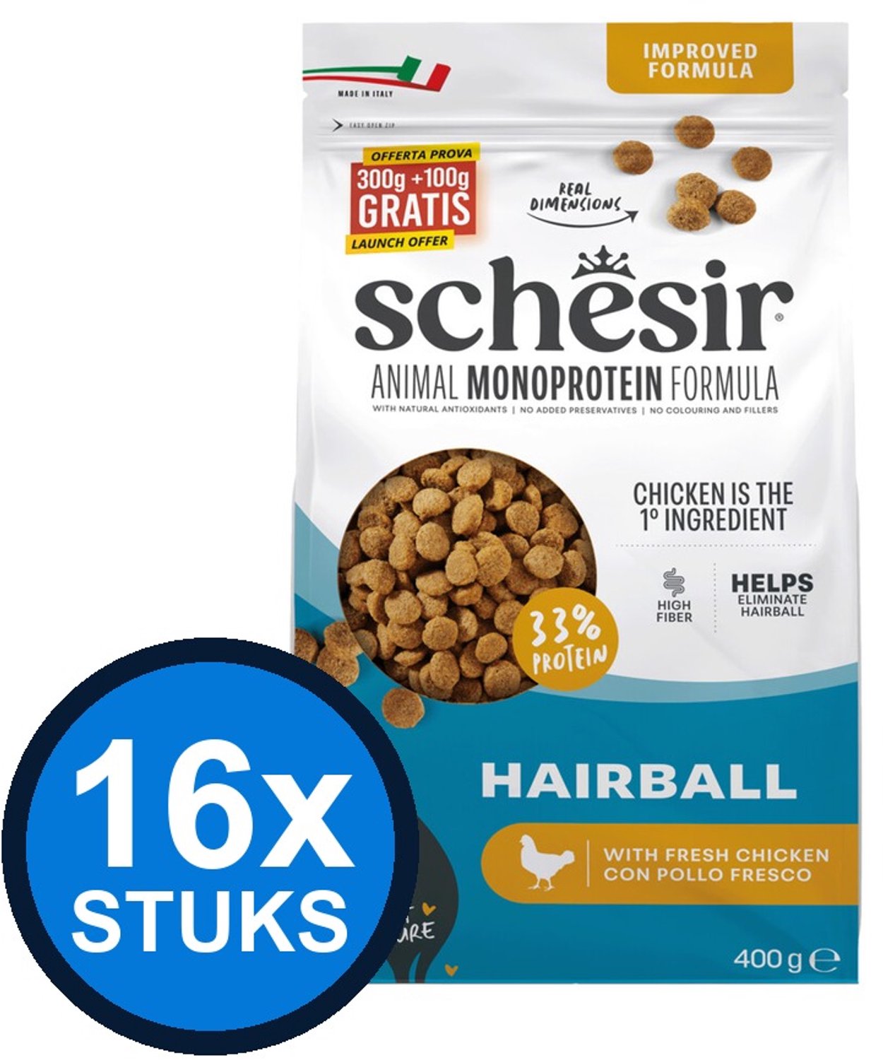 16x Schesir - Kattenvoer - Droogvoer - Hairball Kip - 400g