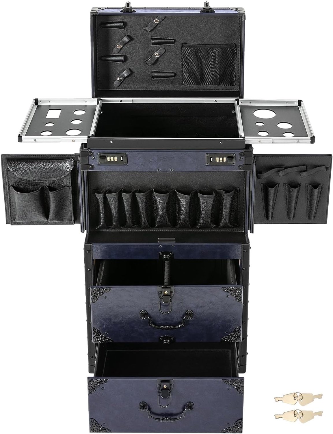 Cosmeticakoffer, grote cosmeticakoffer, kapperskoffer met 4 wielen, rolkoffer, kappersgereedschap-organizer, afsluitbaar, make-upkoffer voor het knippen, make-up, werken, blauw, modern