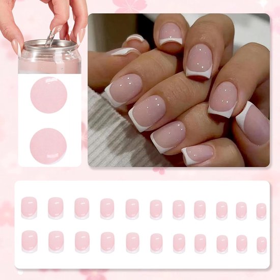24 stuks korte kunstnagels om op te plakken, vierkant, Franse vorm, om op te plakken, kort, kunstnagels met nagellijm, volledige dekking, nageltips voor manicure, doe-het-zelf, wit, Frans — afbeelding 2