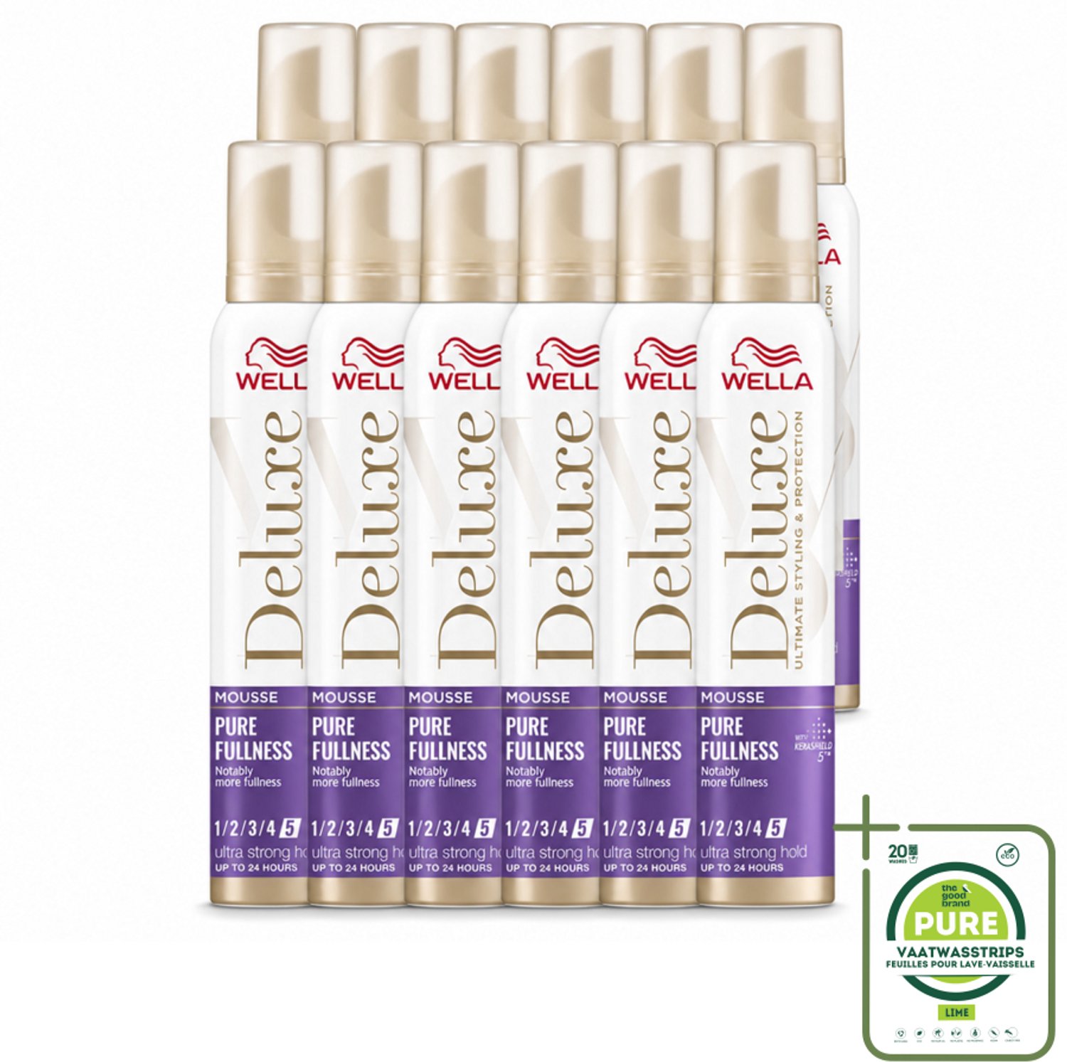 12 x Wella – Deluxe Pure Fullness – Haarmousse – 200 ml - Grootverpakking - Vaatwasstrips - Haarmousse - Volume - Haarbescherming - Kerashield 5 - Anti-pluis