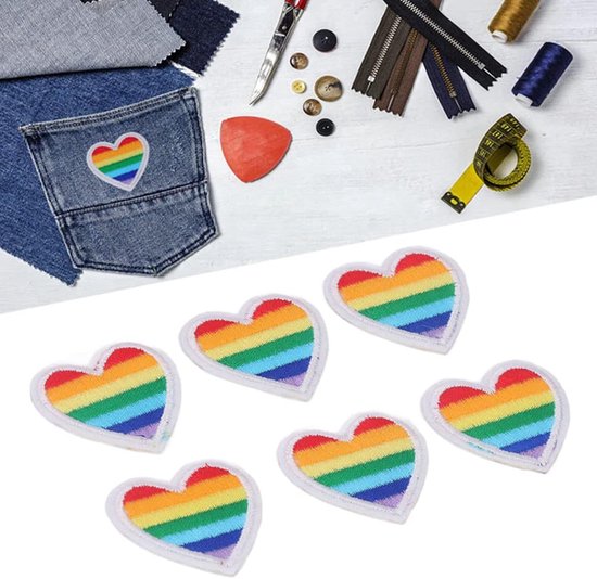 6 Stuks Regenboog Hart Patches met Zwarte Rand, Strijkbare DIY Hartvormige Geborduurde Patches voor Naaien Kleding Reparatie Tassen Hoeden Kinderen Meisjes Knutsel Decoraties (Witte Rand) — afbeelding 4