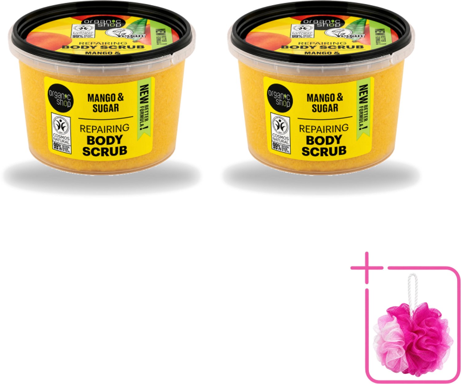 2 x Organic Shop - Organic Mango & Sugar Body Scrub - Peeling en Geur - 250 ml - Bulkverpakking - Organische bodyscrub - Douchemop - Mango scrub