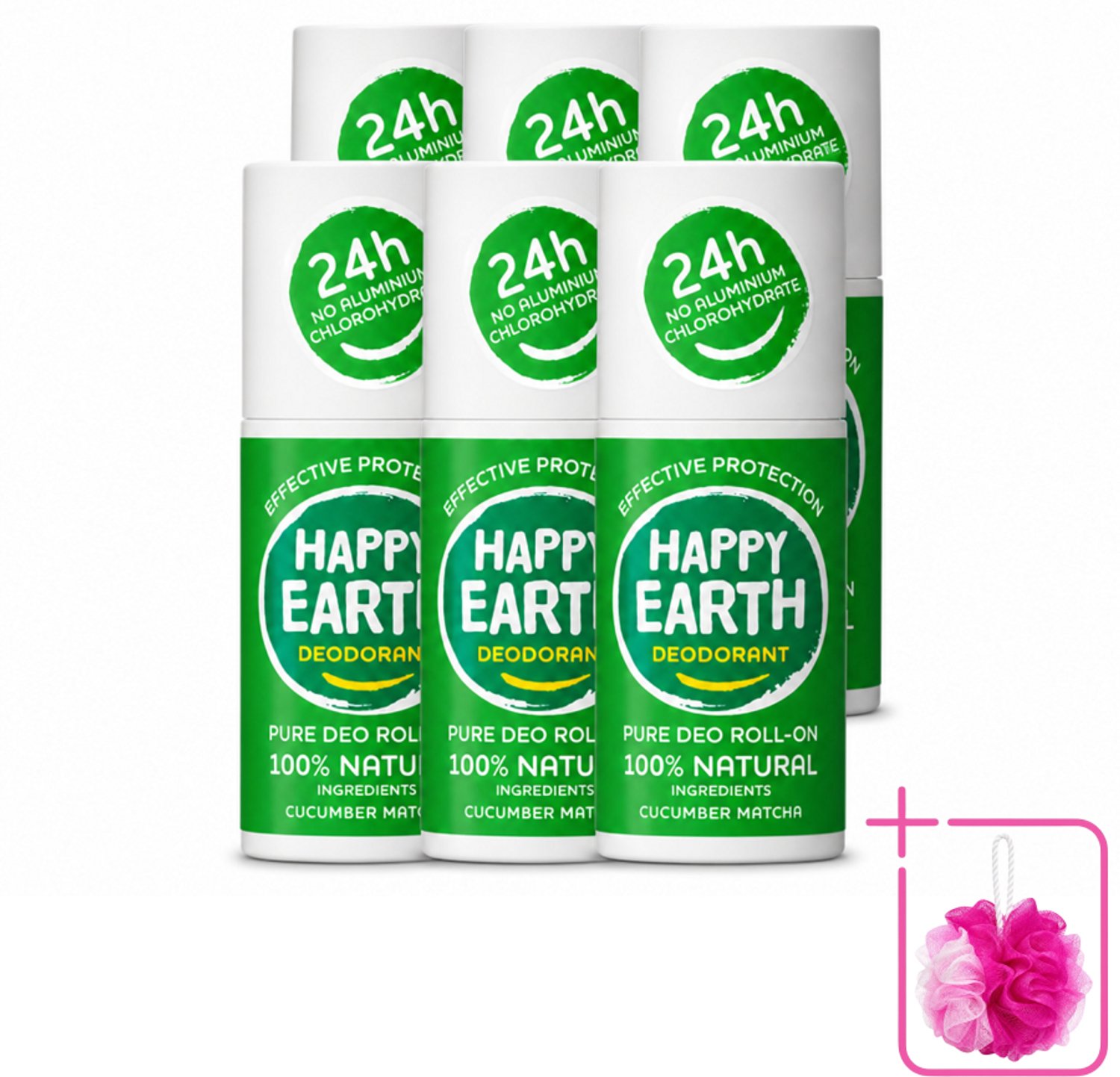 6 x Happy Earth – Deodorant Roll-On – 100% Natuurlijk Cucumber Matcha – 75 ml - Bulkverpakking - Deodorant - Fris