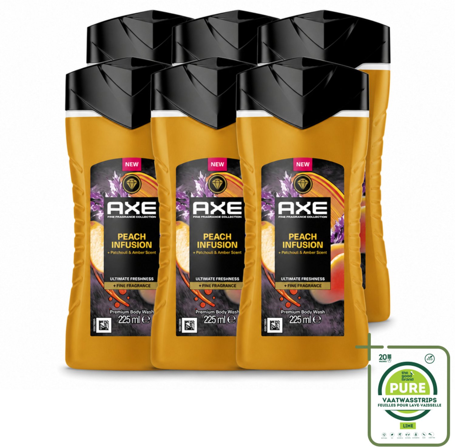 6 x Axe – Douchegel – Peach Infusion – 225 ml - Grootverpakking - Vaatwasstrips - Douchegel - Fris Ruiken - Parfum - Patchoeli - Amber
