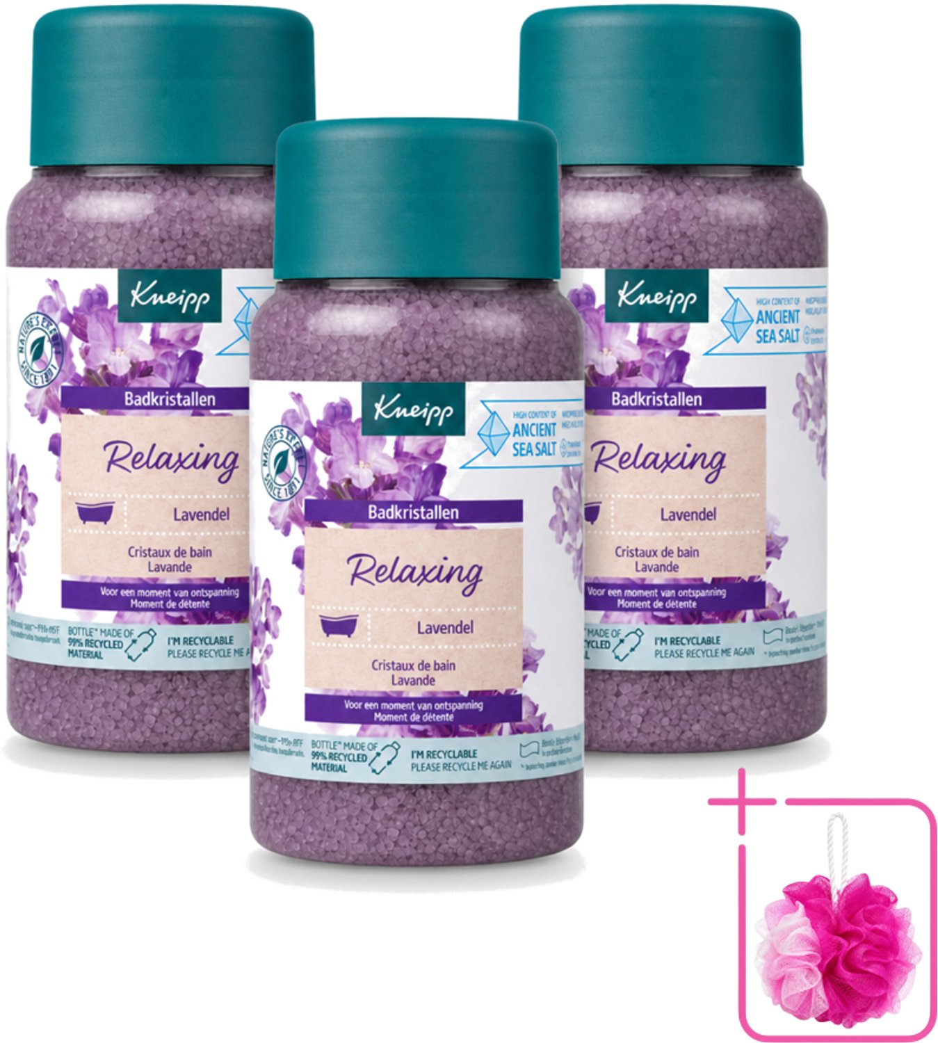 3 x Kneipp - Badzout - Badkristallen - Lavendel - 600 g - Bulkverpakking - Badkristallen - Douchemop - Ontspanning