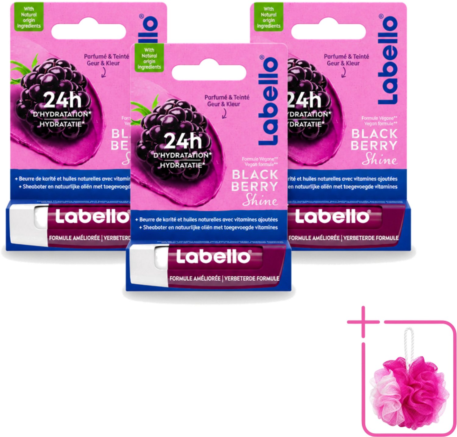 3 x Labello – Lippenbalsem – Blackberry Shine – Lippenbalsem – Shea Boter & Jojoba Olie – 5,5 ml - Bulkverpakking - Lippenbalsem - Douchemop - Hydratatie