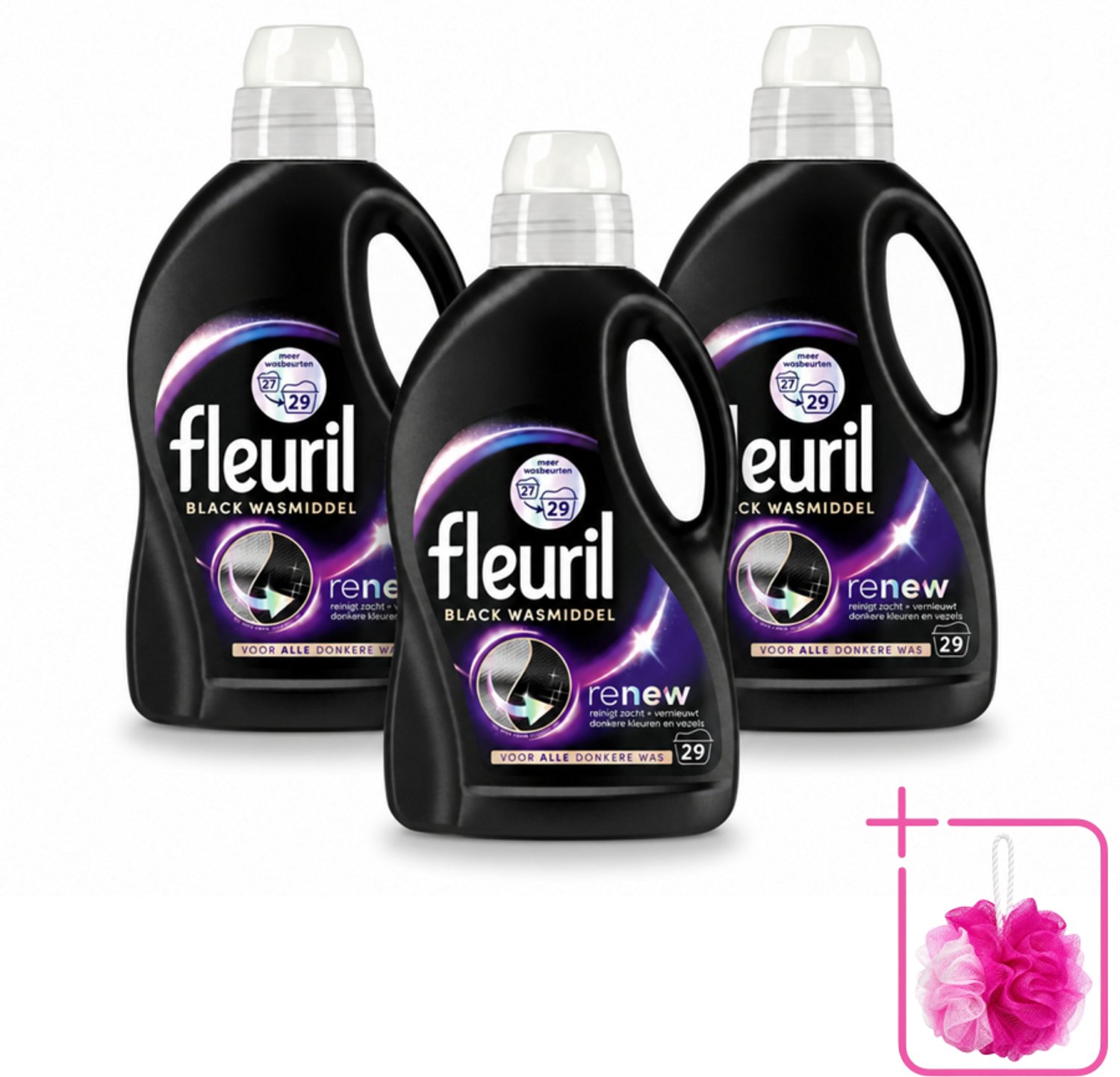 3 x Fleuril – Wasmiddel - Black – 29 wasbeurten – 1,305 L - Bulkverpakking - Wasmiddel zwart - Douchemop - Kleurbehoud zwart