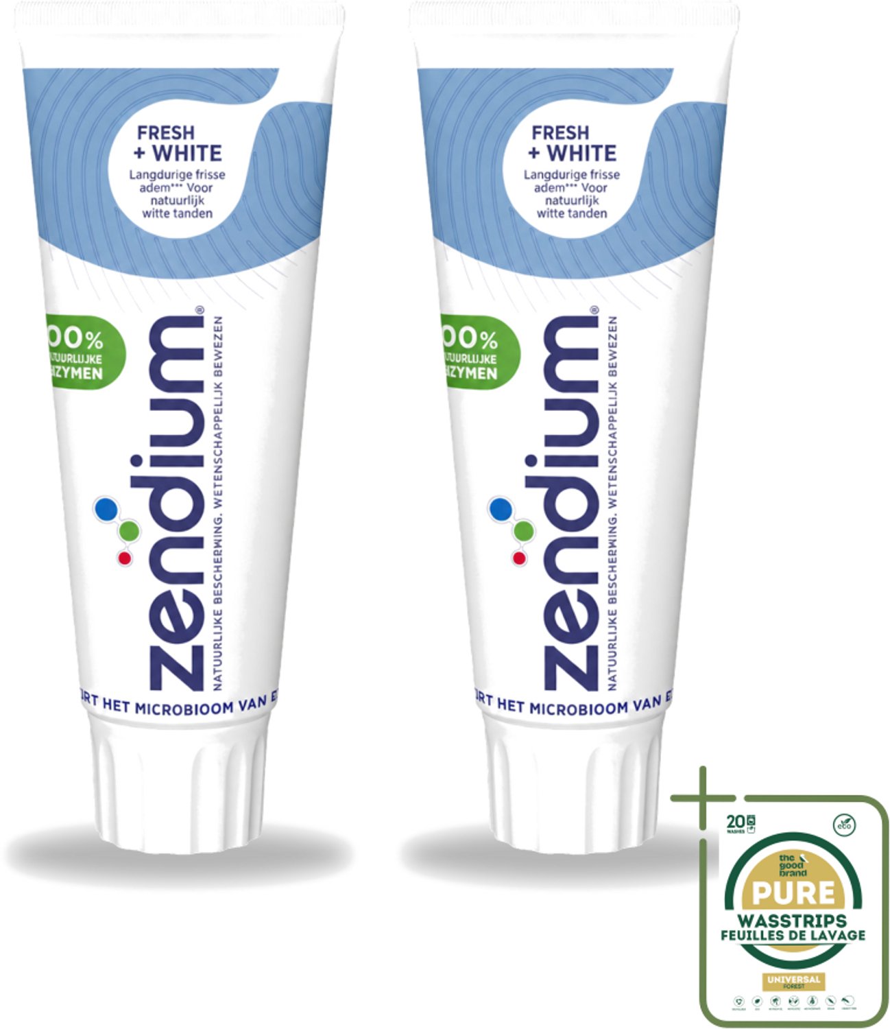 2 x Zendium - Tandpasta - Fresh+ White - 75 ml - Wasstrips - Tandpasta - Frisse Adem - Witte Tanden - Natuurlijke Tandpasta - Fluoride