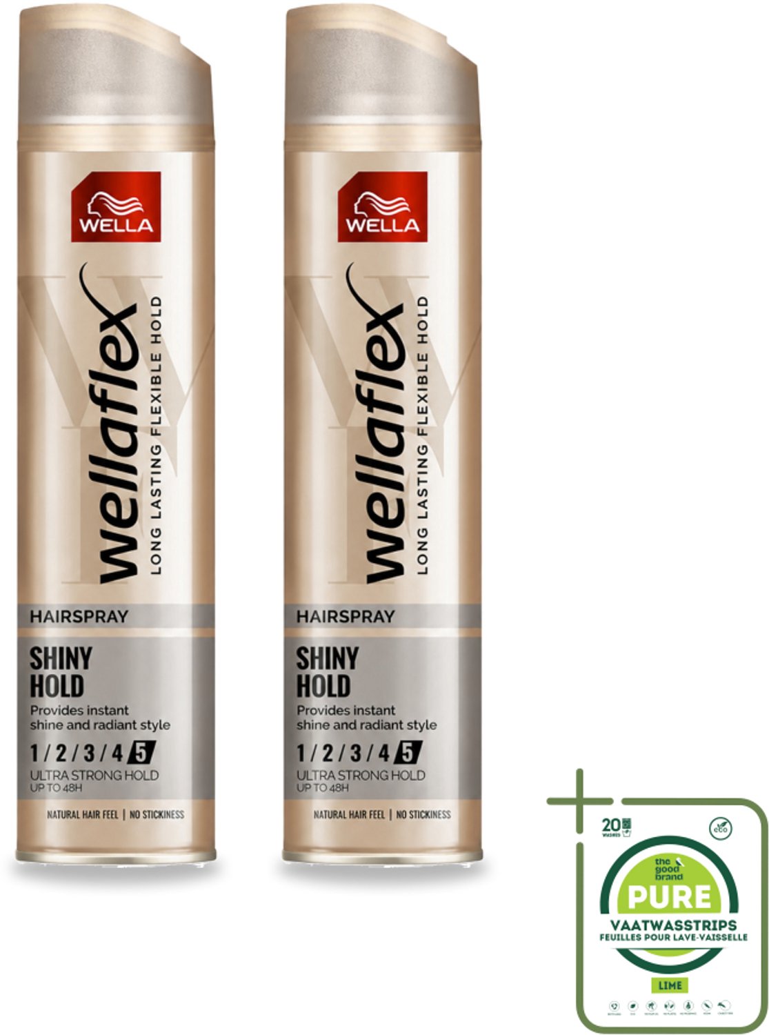 2 x Wella – Flex Shine Ultra Strong – Haarspray – 250 ml - Grootverpakking - Vaatwasstrips - Haarspray - Glans - Fixatie - Haarverzorging - Macadamia-olie