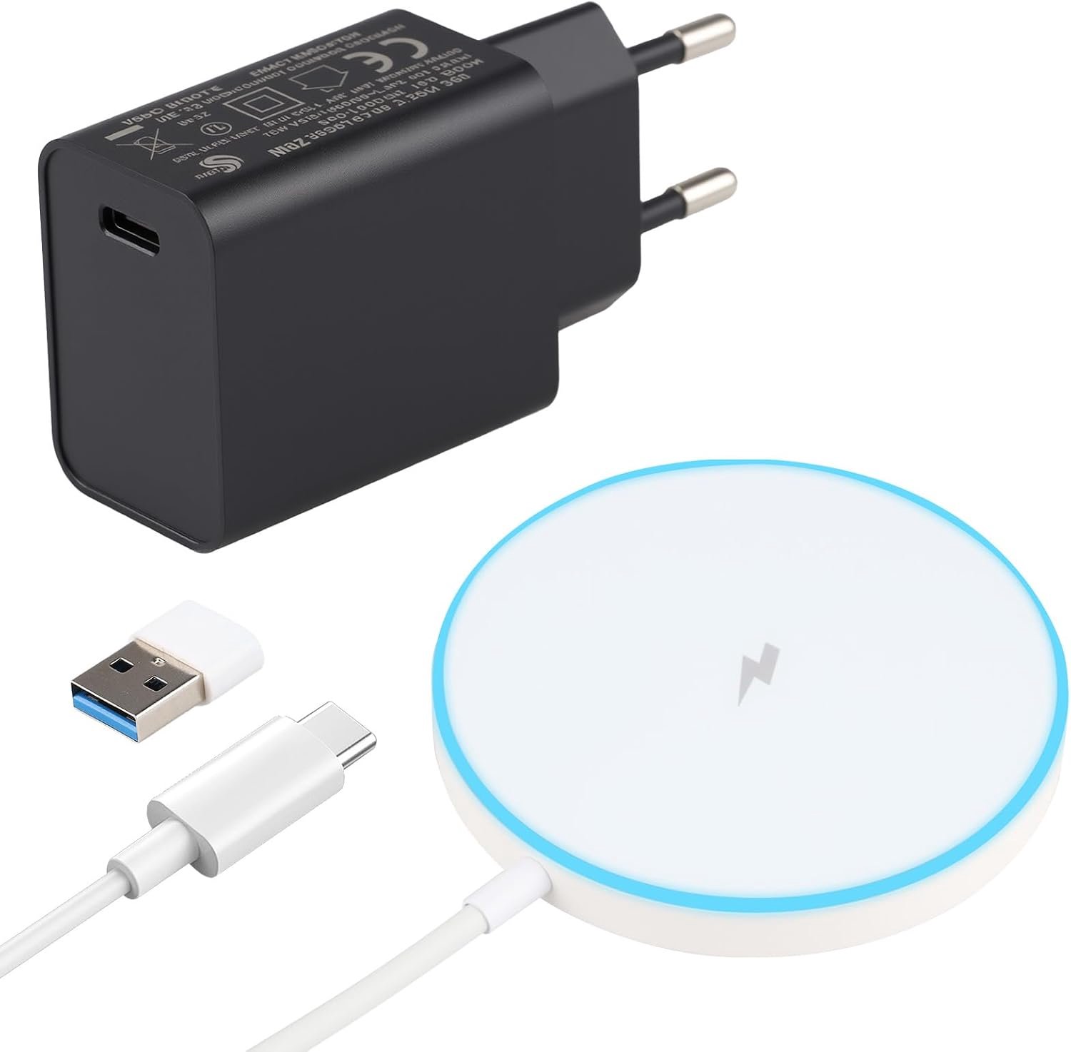 Draadloze oplader voor iPhone 15 W, magnetisch, met 1 m kabel, MSafe-snellader en USB-C-adapter, 20 W, compatibel met iPhone 17/16/15/14/13/12/11/XS/X/8/SE en Air Pods, magnetisch snel opladen, iPhone