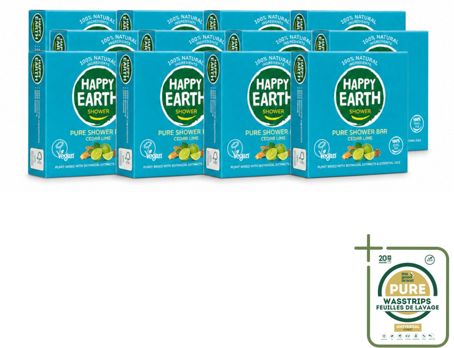 12 x Happy Earth – Shower Bar – 100% Natuurlijk Cedar Lime – 90 g - Wasstrips - Douchegel - Natuurlijke Douchegel - Ceder En Limoen - Sheaboter - Amandelolie