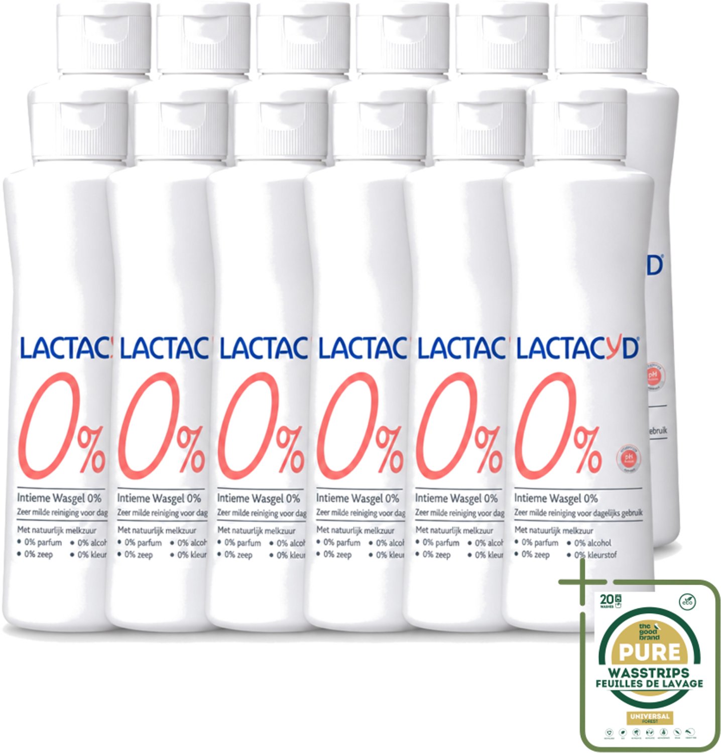 12 x Lactacyd – 0% – Milde Wasgel – 250 ml - Wasstrips - Intieme Wasgel - Gevoelige Huid - PH-vriendelijk - Zeepvrij - 0% Parfum