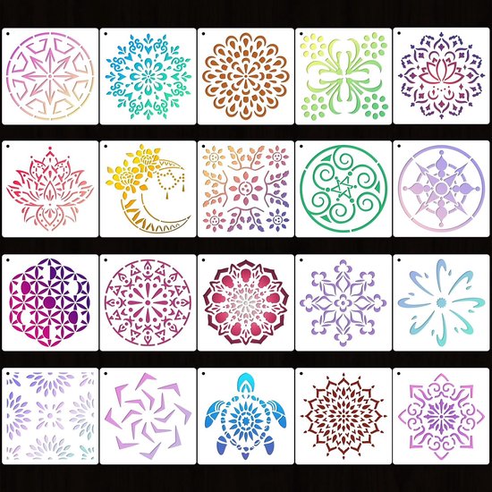 20 stuks 10 x 10 cm mandala-sjablonen voor schilderen op hout, vloer, muur, tegelstof, herbruikbare meubelsjablonen, schildersjabloon, mandala-sjabloon voor doe-het-zelf rotskunstprojecten, decoratie — afbeelding 2