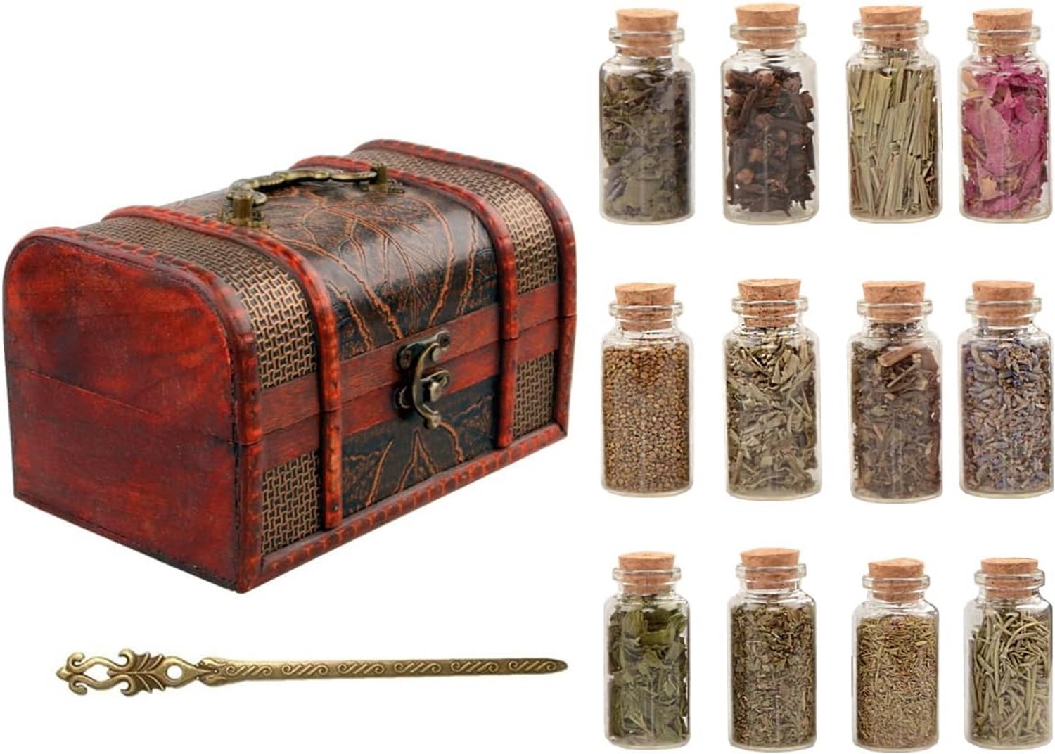 12 flessen magisch kruid met vintage doos voor Wicca, heidense en Wicca-rituelen, altaarbenodigdheden, magische spreuken en meer