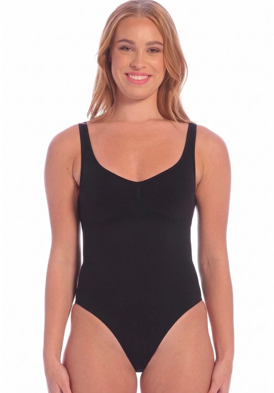 Zwarte body met V-hals, versteviging rond de buste en gladde afwerking.