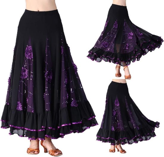 Vintage Dames Flamenco Ballroom Dance Waltz Big Swing Pailletten Moderne Lange Rok Jurk Dancewear Paars zoals beschreven, Paars, Eén maat — afbeelding 4