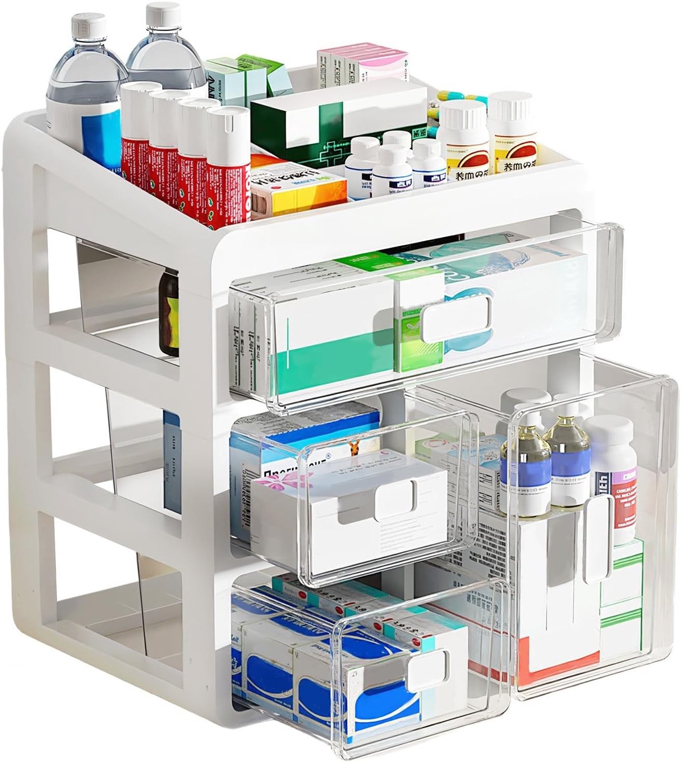 Medicijndoos met 4 Etages - Wit - 28 x 20 x 32 cm - Robuuste Organizer van Kunststof - Voor Thuis, Kantoor, School