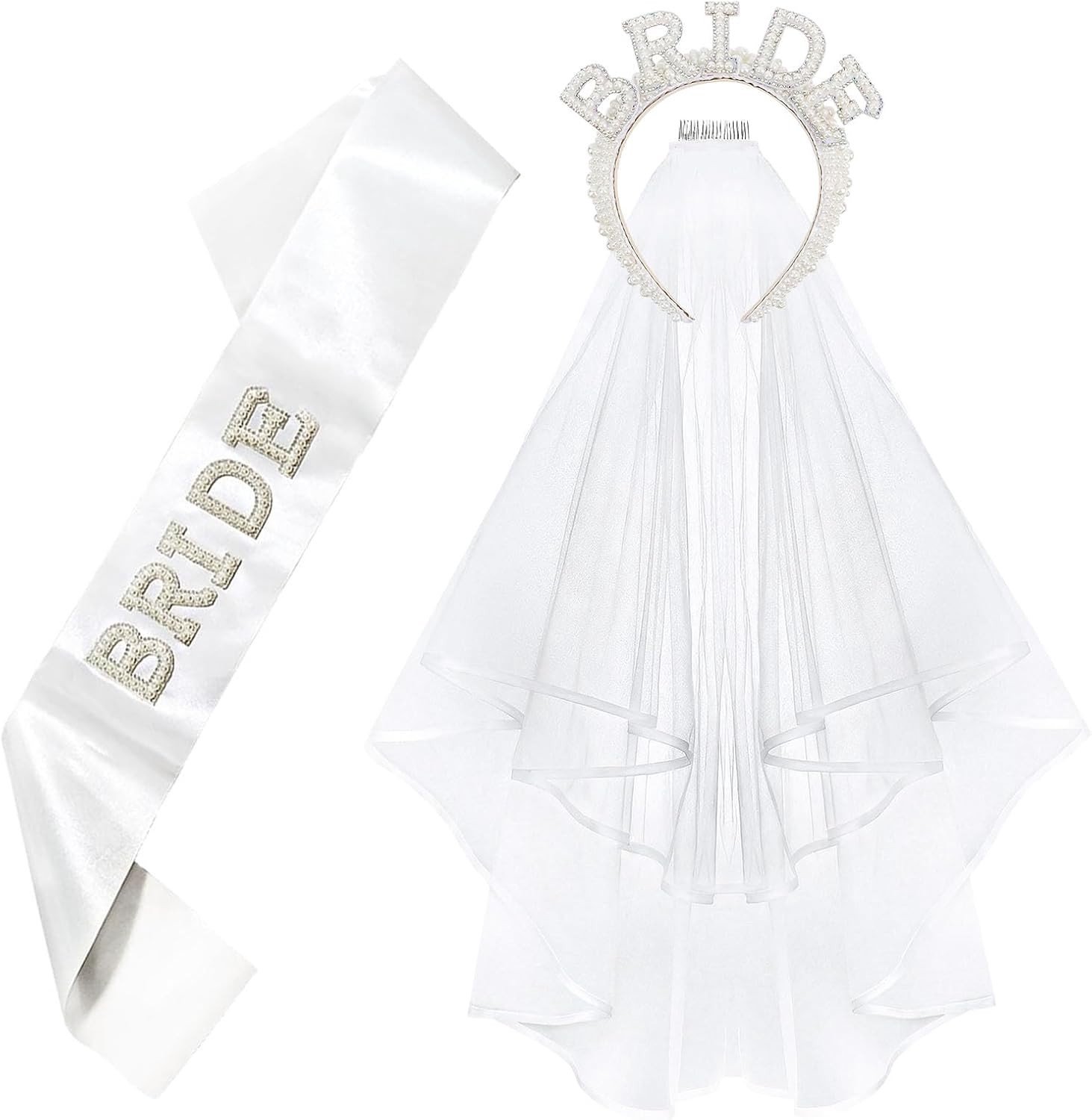 Witte Bruidsband en Bruidsluier Set voor Vrijgezellenfeest, Gastcadeaus en Bruiloft Accessoires