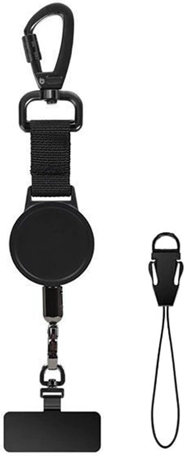 Telefoonbeveiliging voor buiten, uittrekbaar, 60 cm, intrekbare stalen kabel, mobiele telefoon, diefstalbeveiliging met karabijnhaak, voor wandelen en dagelijks gebruik, zwart