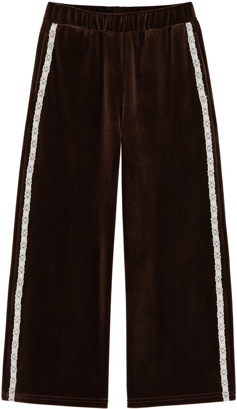 Donkerbruine fluwelen wijde broek met elastische tailleband en sierlijke kanten bies langs de zijkant.