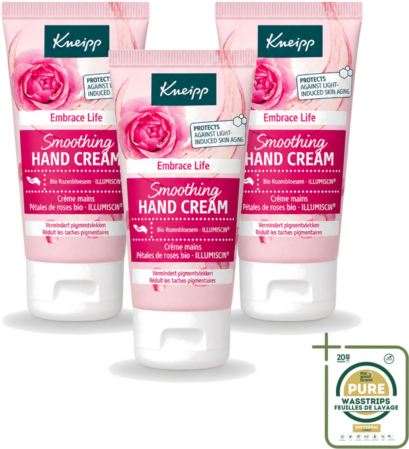 3 x Kneipp - Handcrème - Embrace Life - Anti‑Aging (ILLUMISCIN) - 50 ml - Wasstrips - Handcrème Anti-ouderdom - Handcrème Pigmentvlekken - Handcrème Huidveroudering - Handcrème Vitamine E - Handcrème ILLUMISCIN