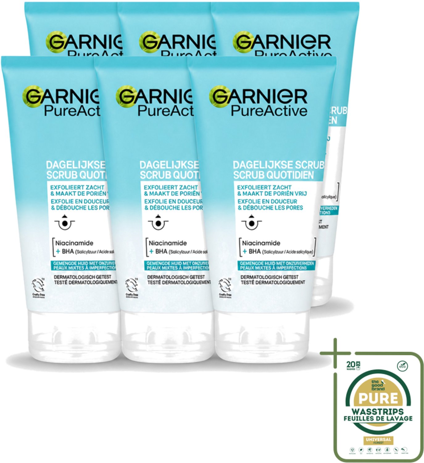 6 x Garnier - Pure Active - Dagelijkse Scrub - Niacinamide & BHA - Exfolieert & Reinigt Poriën - 150 ml - Wasstrips - Garnier Pure Active - Dagelijkse Scrub - Exfolierende Reiniging - Poriën Reinigen - Acne Behandeling