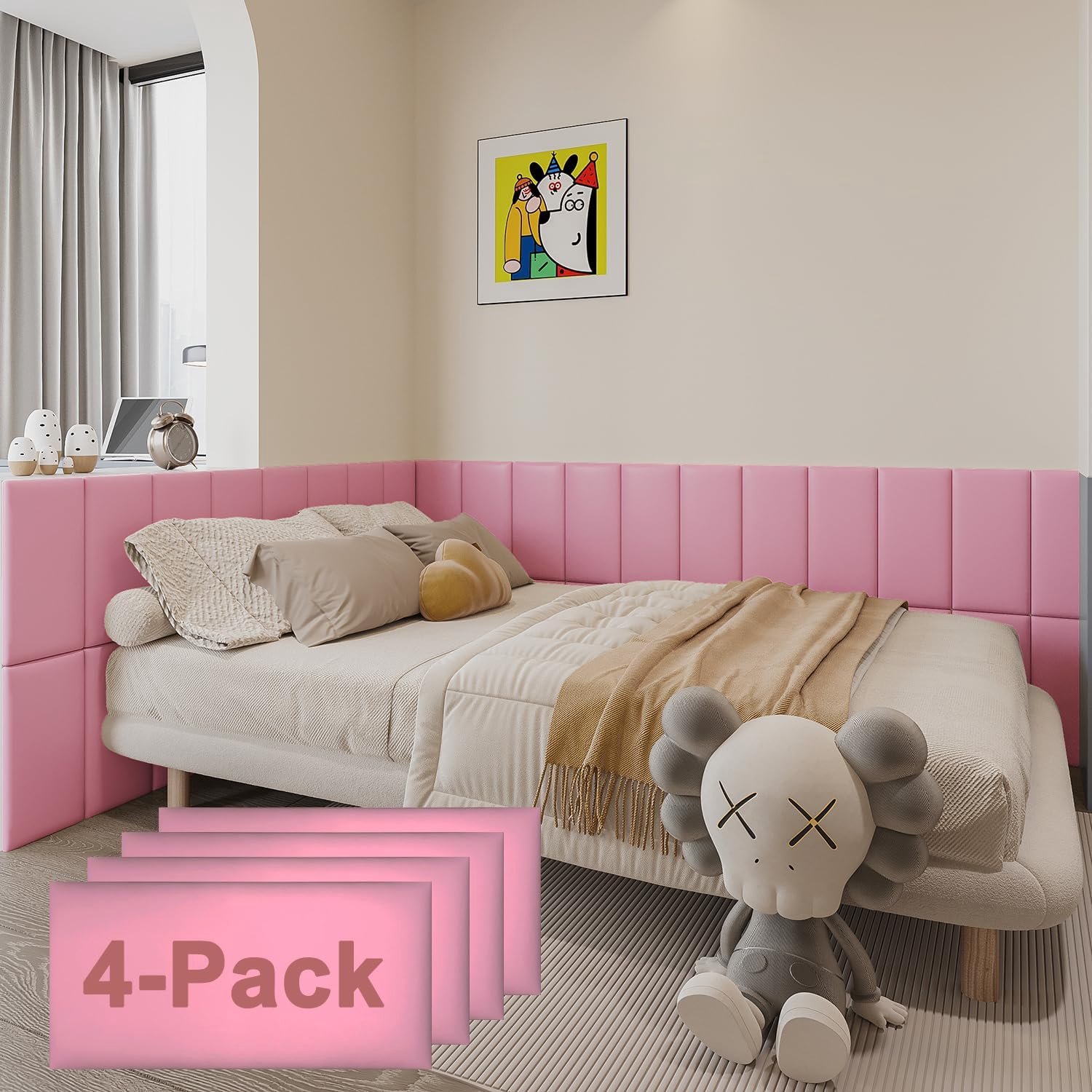 YU LI 3DH 3D Anti-Collision Muurbekleding voor Kinderen, Zelfklevende 4 Stuks Roze Hoofdbordpanelen voor Wandpeeling en Stok hoofdeinde