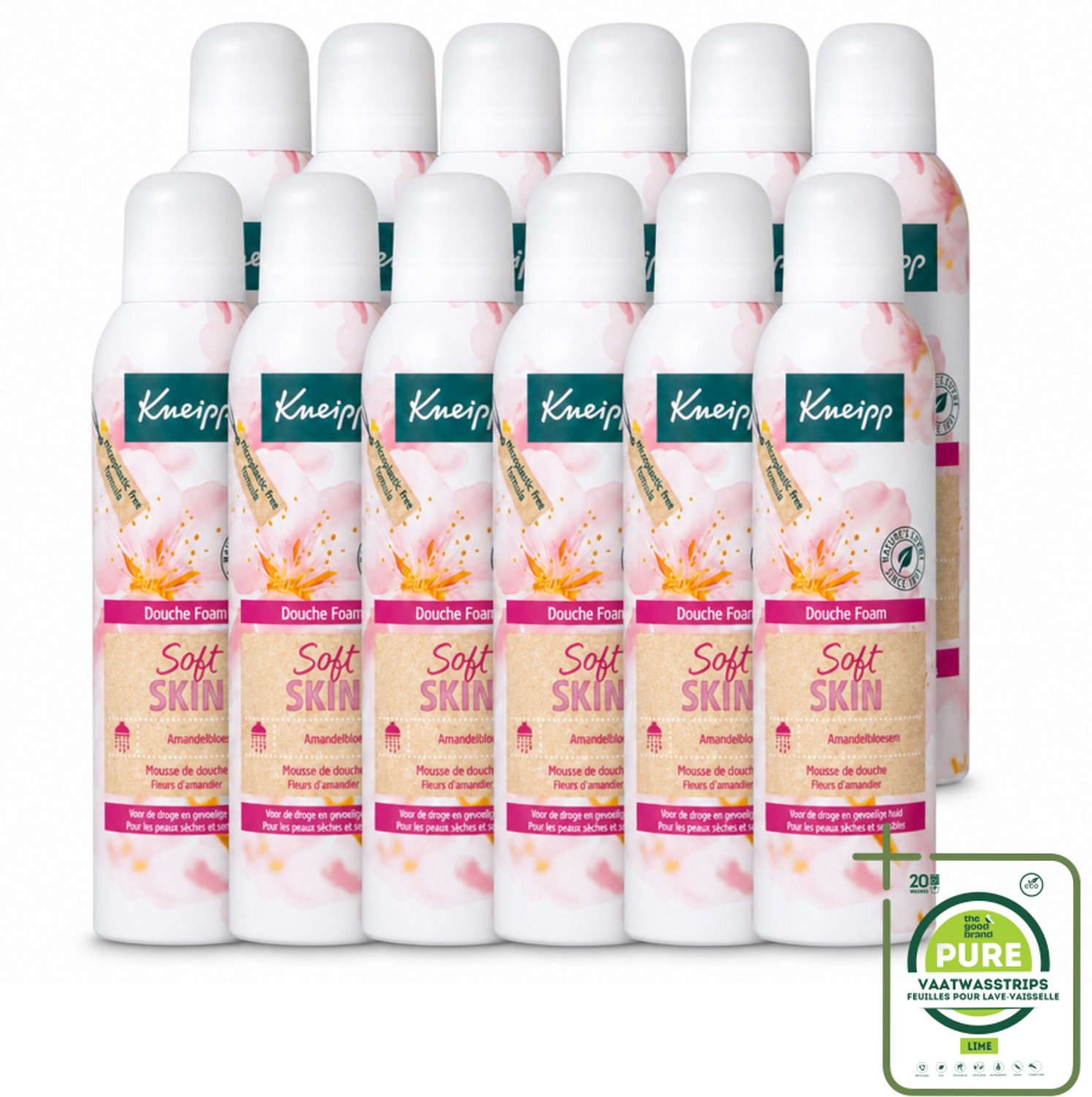 12 x Kneipp - Douche foam - Soft Skin - Voor droge en gevoelige huid - 200 ml - Grootverpakking - Vaatwasstrips - Douche Foam - Huidverzorging - Amandelbloesem - Droge Huid - Gevoelige Huid