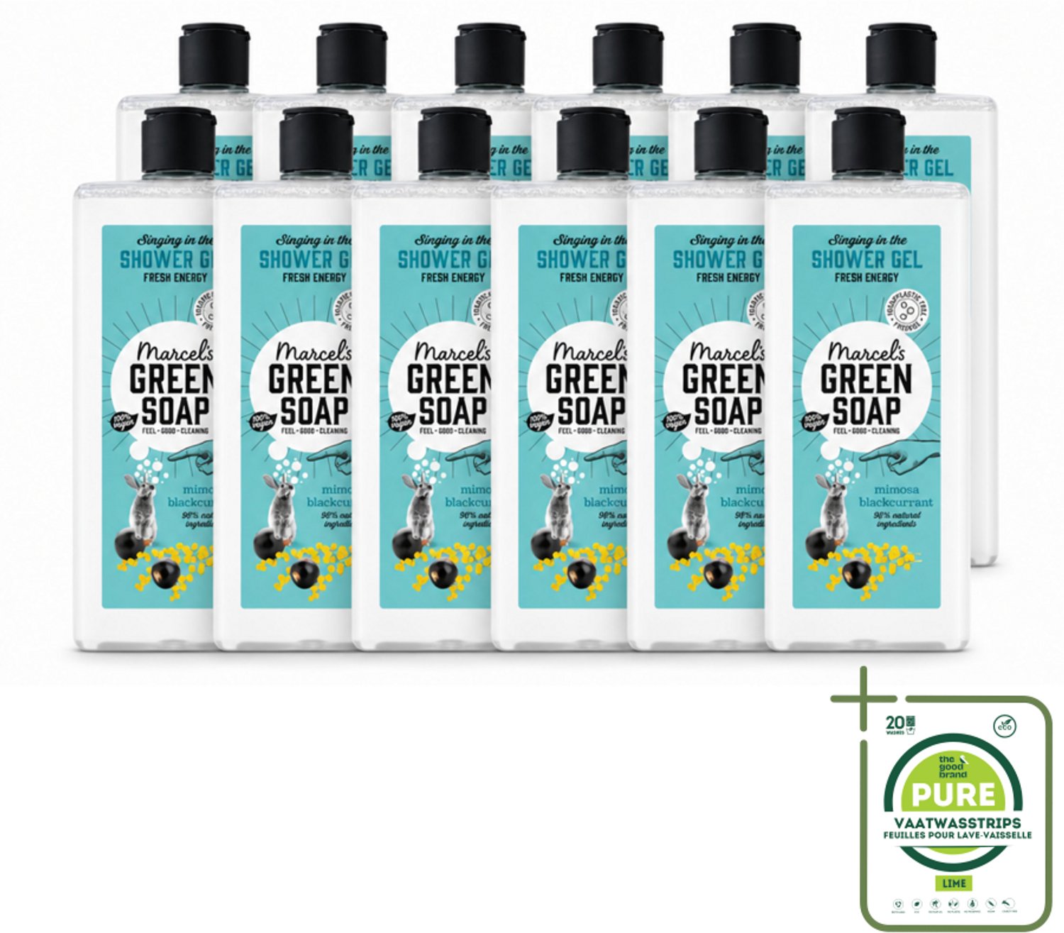 12 x Marcel's Green Soap - Douchegel - Mimosa & Zwarte Bes - Verzorgend & zacht - 300 ml - Grootverpakking - Vaatwasstrips - Douchegel - Natuurlijke Douchegel - Ecologische Douchegel - Vegan Douchegel - Mimosa Douchegel