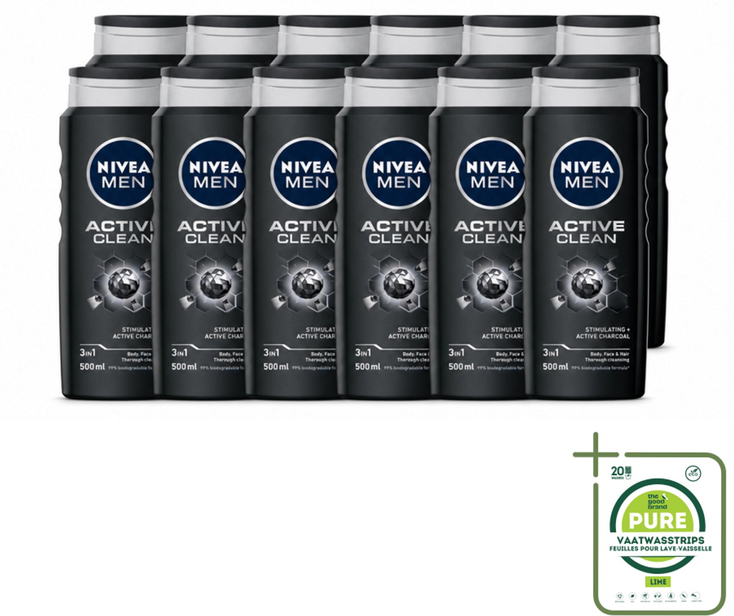 12 x NIVEA MEN - Douchegel - Active Clean - 500 ml - Grootverpakking - Vaatwasstrips - Douchegel Mannen - Actief Houtskool - Reinigende Douchegel - Lichaam Reinigen - Gezicht Reinigen